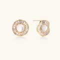 14K gold-plated stud earrings with freshwater pearl center surrounded by baguette-cut crystal halo in sunburst design