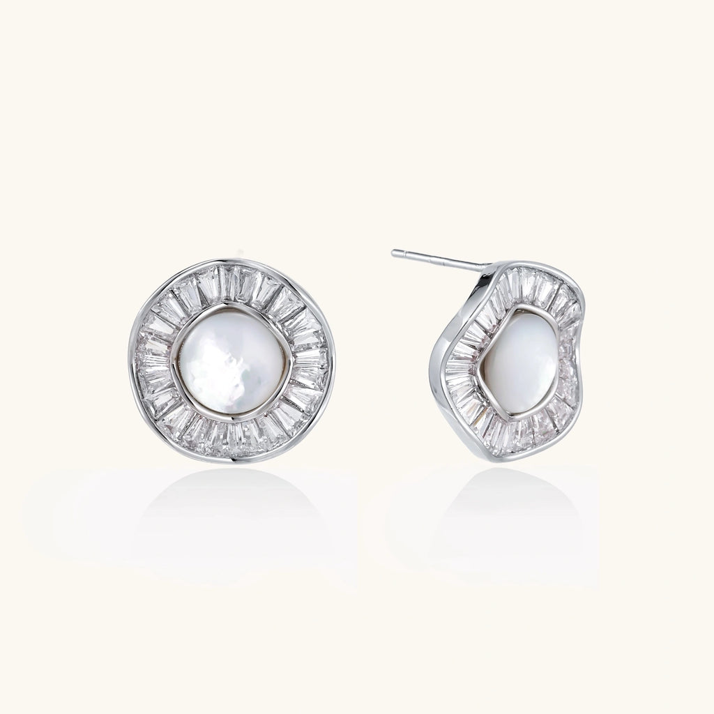14K gold-plated stud earrings with freshwater pearl center surrounded by baguette-cut crystal halo in sunburst design