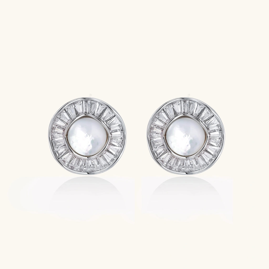 14K gold-plated stud earrings with freshwater pearl center surrounded by baguette-cut crystal halo in sunburst design