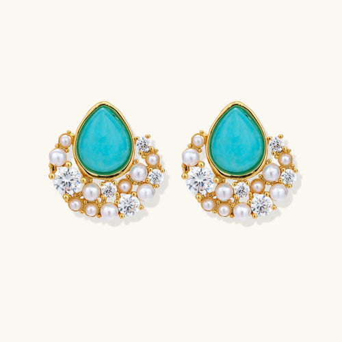 Gold-plated cluster earrings with teardrop turquoise stones surrounded by white pearls and clear crystals